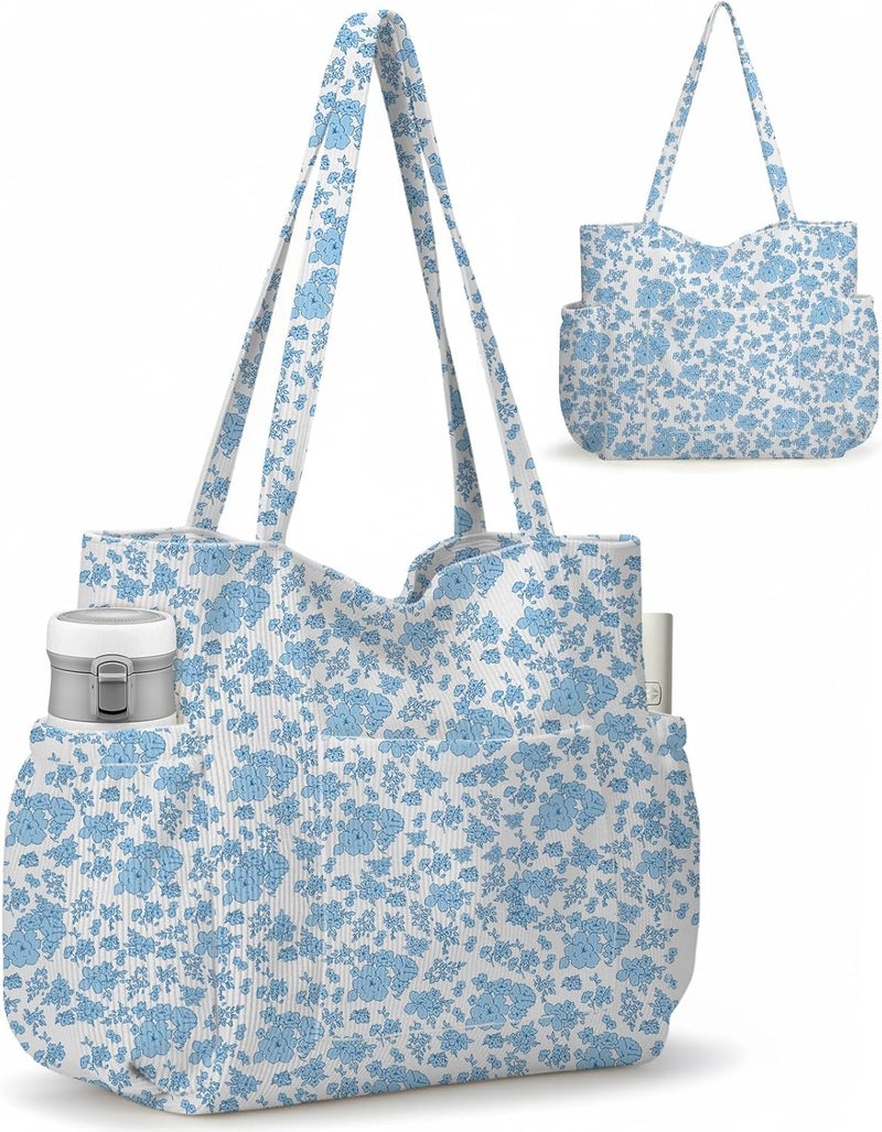 Hatisan Corduroy Tote Bag for Women,Large Capacity Cute Tote Bags With 6 Pockets,Crossbody Shoulder Handbag for Work Travel Gym - Image 1